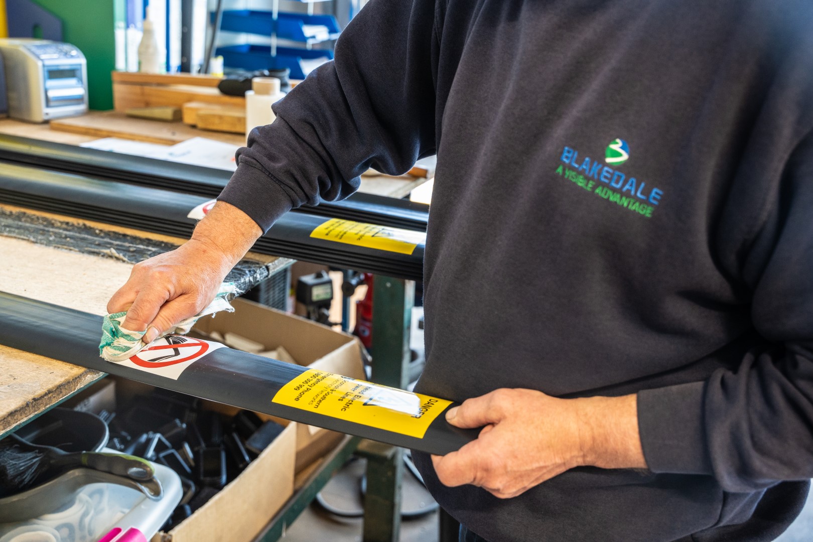 Information posts and hazard delineator assembly at Blakedale's workshop